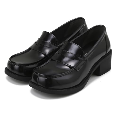 [Tommisho] 女子ローファー 防滑抗菌防臭 スリッポン クッション性インソール 通勤通学 シンプルデザイン 学生靴 トラディショナル 4.5cmヒール 24.0CM ブラック [並行輸入品]